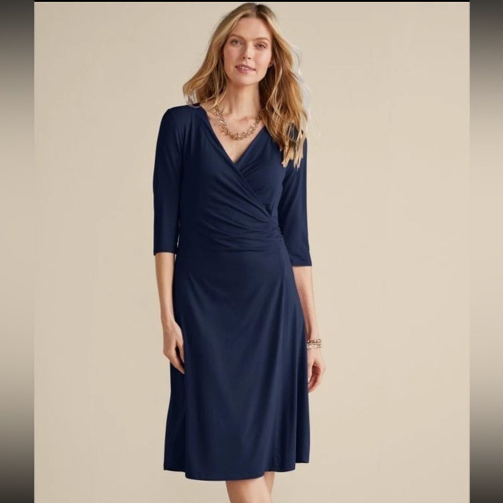 Soft Surrounding-  Hyannis Wrap Dress Navy Stretchy Shirring Ruching, Size XL
